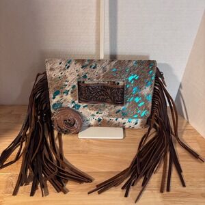 American Darling Leather Hair on Hide Cowhide Western Fringe New Crossbody Bag